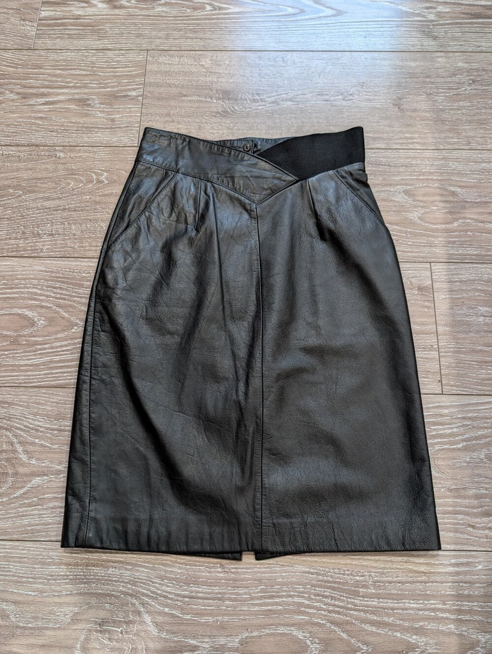 Vintage 80s Wilsons Black Leather High Waist Midi Skirt - Size Small